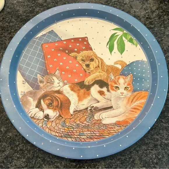 JSNY Hong Kong Puppies Kittens Round Tin Tray in good vintage condition - Picture 1 of 3